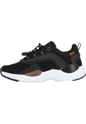 Schwarzer Mesh-Sportschuh mit einer gepolsterten weißen Sohle, braunen Akzenten und elastischen Schnürsenkeln. Besitzt ein stromlinienförmiges Design und strukturierte Details.