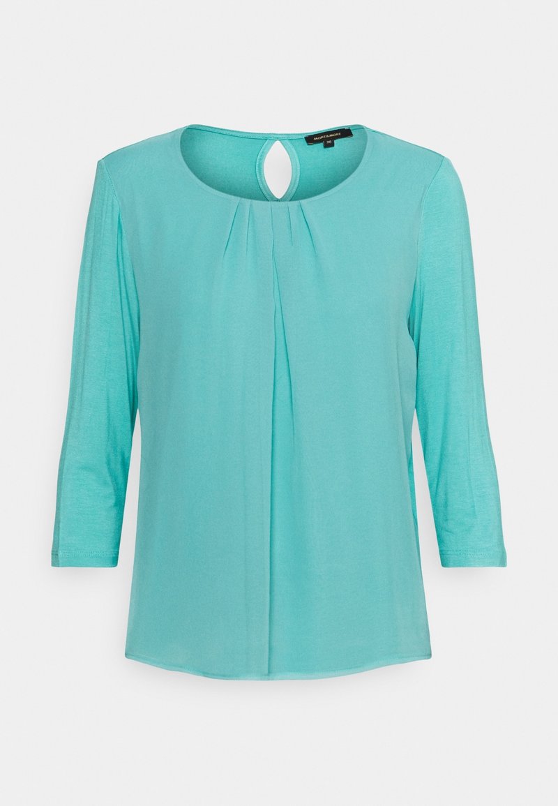 Turquoise long-sleeve blouse with pleated front detail and keyhole neckline, size 36, soft lightweight fabric.