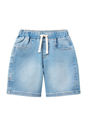 Shorts di denim blu chiaro con vita elastica e cordoncino, dotati di due tasche frontali e una superficie liscia.