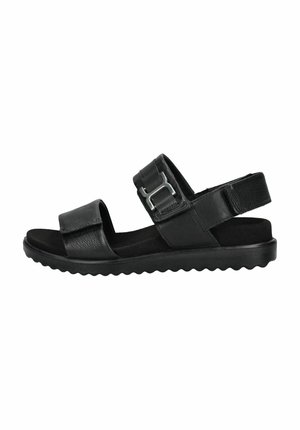 Black leather sandal with dual straps, a silver buckle accent, and a textured sole. Features a cushioned footbed for comfort.
