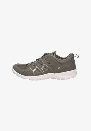 Sport shoes in olive green mesh with white sole, featuring reflective accents, elastic laces, and a pull tab at the heel for easy wear.