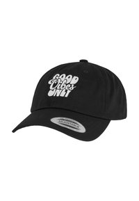 Fekete pamut sapka, fehér hímzéssel a "Good Vibes Only" felirattal, ívelt napellenzővel és állítható pánttal a hátoldalon. Puha tapintású.