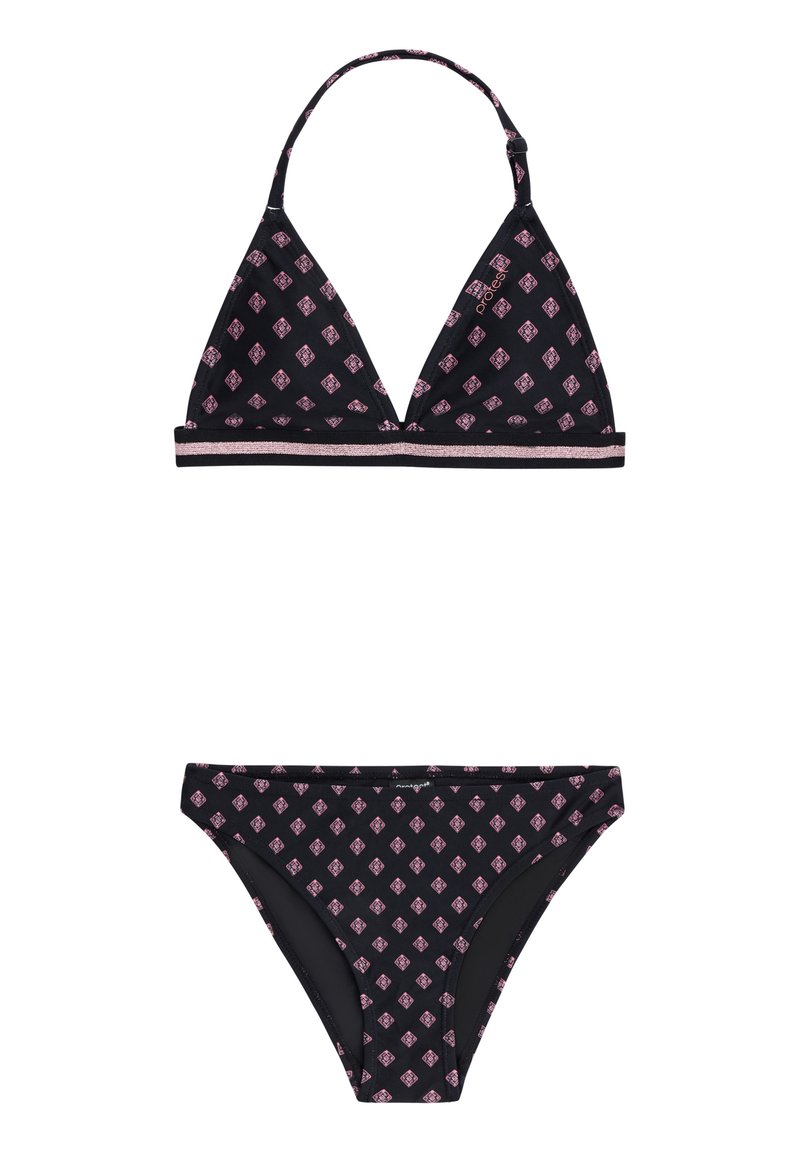 Musta bikinit, joissa on kolmiomallinen yläosa ja samanlaiset alaosat. Sisältää vaaleanpunaisen geometrisen kuvion ja koristeellisen nauhan alareunassa.