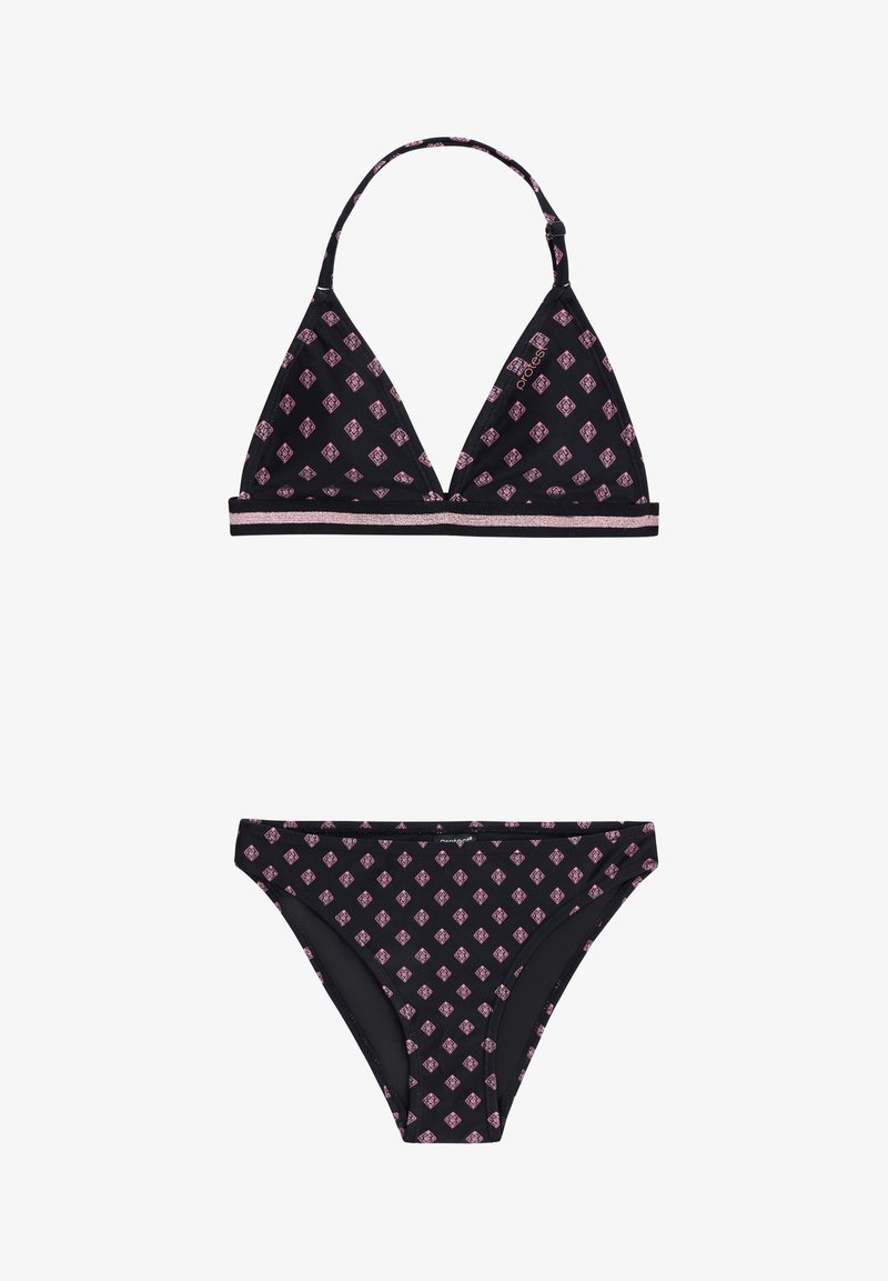 Černý bikinový set s trojúhelníkovým vrškem a odpovídajícími spodními díly. Obsahuje růžový geometrický vzor a dekorativní pásek na spodní části.