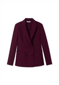 Blazer borgogna doppiopetto con revers a punta, due tasche frontali e texture del tessuto liscia; vestibilità aderente con maniche lunghe.