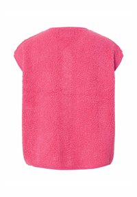 Rosa fleece oversized topp med korta ärmar, texturerad yta, rundad halsringning och en rak, avslappnad passform. Inga framträdande design detaljer.