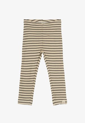 Beidzisa un pelēka svītru legingi ar ribotu tekstūru, kas ir ar plašu jostasvietu un nelielu logo birku apakšmalā.