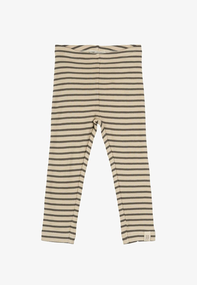 Bež in sivo prugaste legice z rebrasto teksturo, ki imajo širok pas in majhno oznako na robu.