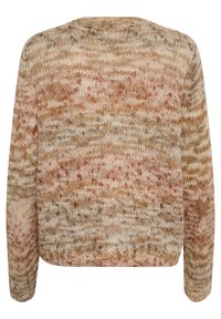 Pletený svetr v kombinaci béžové a rezavé barvy s texturovaným vzorem, kulatým výstřihem a dlouhými rukávy. Zobrazen pohled zezadu.