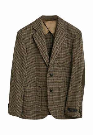 Bruine geruite blazer van geweven stof, voorzien van twee knopen, een borstzak, elleboogstukken en een merklabel op de mouw.