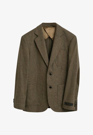 Bruine geruite blazer van geweven stof, voorzien van twee knopen, een borstzak, elleboogstukken en een merklabel op de mouw.