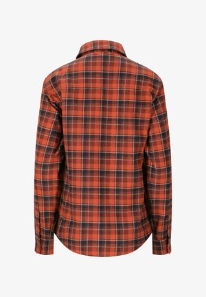 Rød og sort ternet flannel skjorte, lange ærmer, knapmanchetter, buet kant, blød tekstur, klassisk krave og detaljering på ryggen.