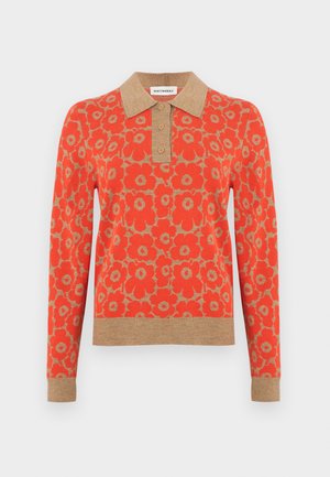 Long-sleeve polo shirt with red and beige floral pattern, beige collar, button placket, cuffs, and hem.