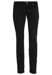 Svarta tajta jeans i bomullsblandning, med framknapp, bälteslipsar, fem fickor och en slät yta.