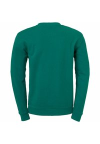 Groene sweatshirt met lange mouwen, ronde halslijn en een gladde textuur. Geen patronen of zichtbare hardware. De achterkant toont een eenvoudig ontwerp.