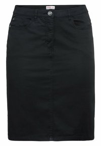 Falda de mezclilla negra, de largo hasta la rodilla, con cierre de botones, trabillas para cinturón y bolsillos frontales. Textura suave con detalles de costura sutiles.