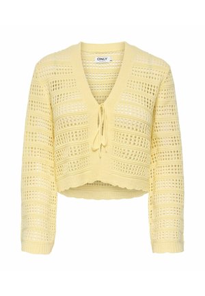 Gele gehaakte cardigan met lange mouwen, V-hals en sluiting met strik aan de voorkant, met een opengewerkt gestreept patroon.