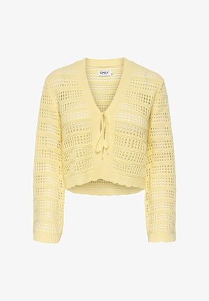 Gele gehaakte cardigan met lange mouwen, V-hals en sluiting met strik aan de voorkant, met een opengewerkt gestreept patroon.