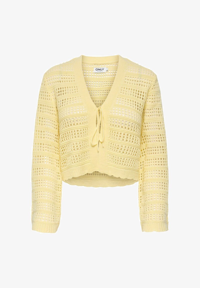 Žlutý háčkovaný pletený svetr s dlouhými rukávy, výstřihem do V a zapínáním vpředu na uzel, s prolamovaným proužkovaným vzorem.