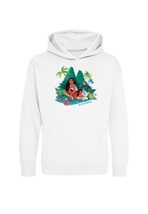 Biała bluza z kapturem z kolorową ilustracją dwóch dziewczynek, świni, tropikalnych roślin, kwiatów i tekstem "ocean sisters" na przodzie.