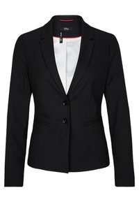 Černý sartorialní blazer s klopovými límci, dvěma předními kapsami, dvouřadým zapínáním a jemným červeným akcentem na vnitřním podšívce. Hladká textura.