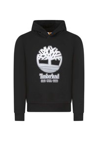 Sweat à capuche noir avec un logo d'arbre Timberland argenté et le texte de la marque. Tissu doux avec une poche kangourou et des poignets et un ourlet côtelés.