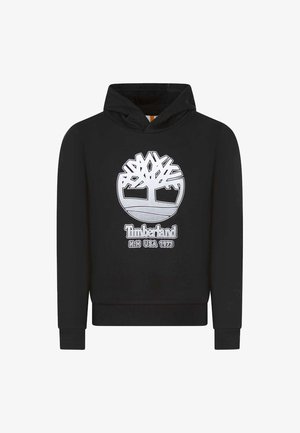 Sweat à capuche noir avec un logo d'arbre Timberland argenté et le texte de la marque. Tissu doux avec une poche kangourou et des poignets et un ourlet côtelés.