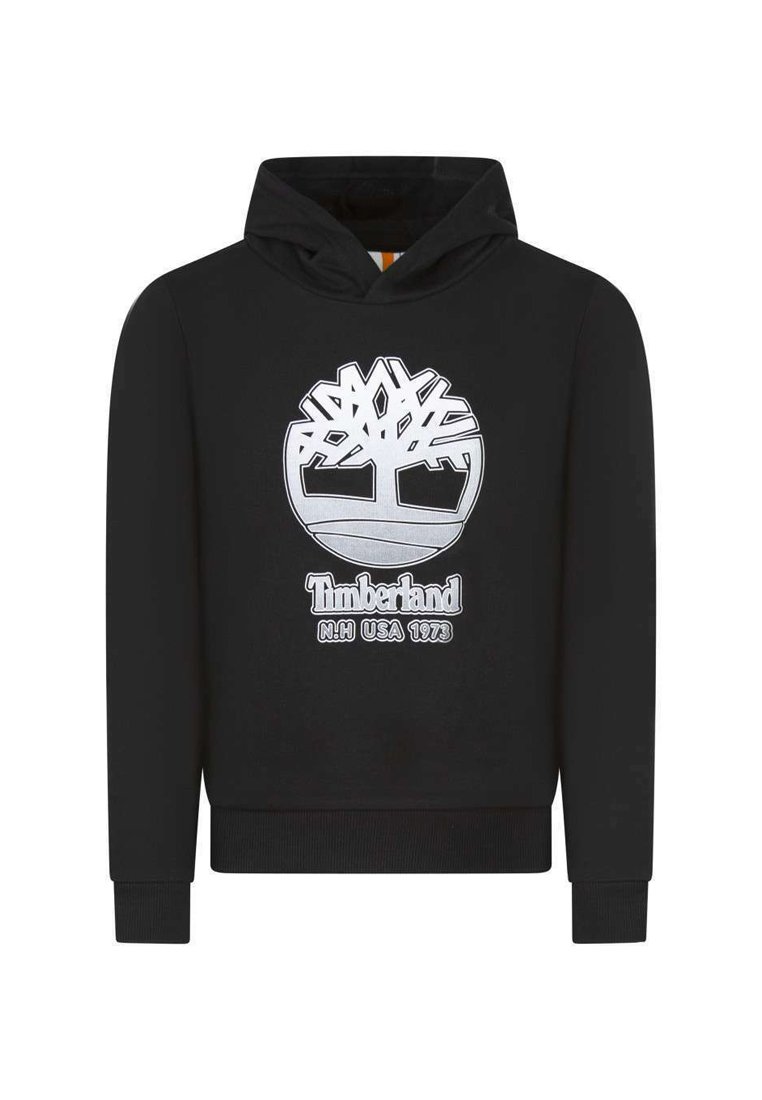 Sweat à capuche noir avec un logo d'arbre Timberland argenté et le texte de la marque. Tissu doux avec une poche kangourou et des poignets et un ourlet côtelés.