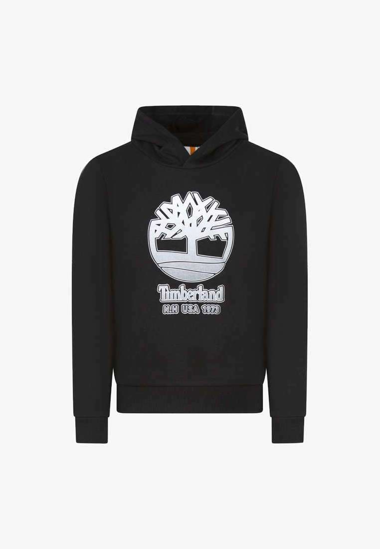 Sweat à capuche noir avec un logo d'arbre Timberland argenté et le texte de la marque. Tissu doux avec une poche kangourou et des poignets et un ourlet côtelés.