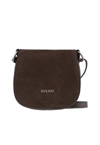 Brown suede crossbody bag with a curved flap, silver hardware, and embossed branding. Soft texture and minimalist design.