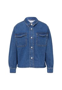 Jeansowa kurtka w średnim niebieskim kolorze. Posiada kołnierzyk, dwie kieszenie na piersi, zapięcie na guziki oraz elastyczne mankiety dla luźnego dopasowania.