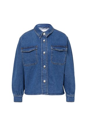 Giubbotto di jeans in blu medio. Caratterizzato da un collo alla francese, due tasche sul petto, chiusura con bottoni e polsini elasticizzati per una vestibilità comoda.