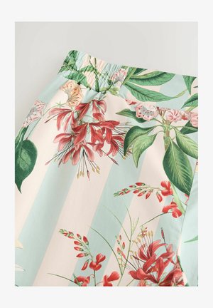 Floral-patterned fabric in pastel shades featuring red and pink flowers with green leaves against a light blue and white striped background.