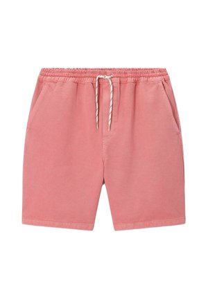 Shorts décontractés roses avec ceinture élastique et cordon blanc, dotés de poches latérales et d’un ourlet droit.