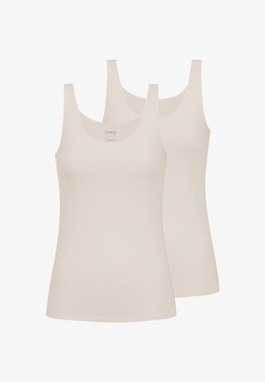 Deux débardeurs en coton beige avec de fines bretelles, présentant un décolleté rond et une texture lisse et extensible. Design simple et polyvalent.