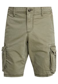 Oliveenvihreät cargo-shortsit, valmistettu kestävästä kankaasta. Niissä on useita sivutaskuja ja vyölenkit, ja ne suljetaan vyötäröllä napilla.