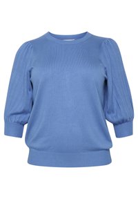 Niebieski sweter dzianinowy z krótkimi, bufiastymi rękawami, prążkowaną strukturą przy rękawach i dolnej krawędzi oraz klasycznym okrągłym dekoltem.