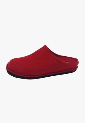 Red felt slipper with an open back, rounded toe, and black sole. Smooth texture with visible stitching along the edge. Lightweight design.