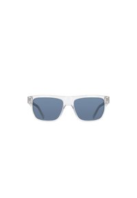 Occhiali da sole trasparenti in plastica con montatura rettangolare, lenti blu scuro e sottili bracci dritti. Nessun motivo distintivo o hardware visibile.