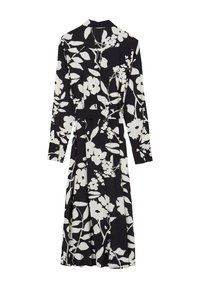 Abito a stampa floreale in bianco e nero, con maniche lunghe, collo a camicia e vita con cintura. Tessuto morbido con una silhouette fluida.