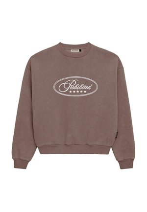 Brown sweatshirt with ribbed cuffs and hem. Features a white embroidered "Prohibited" logo in an oval shape with five stars underneath.