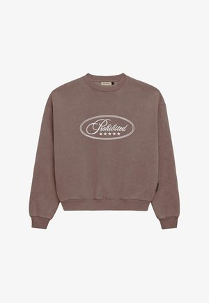 Brun sweatshirt med ribbede manchetter og kant. Har et hvidt broderet "Forbudt" logo i en oval form med fem stjerner under.