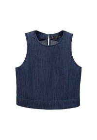 Denim mouwloos topje in donkerblauw met een ronde halslijn, ritssluiting aan de achterzijde en twee zijzakken. Glad textuur en getailleerde pasvorm.