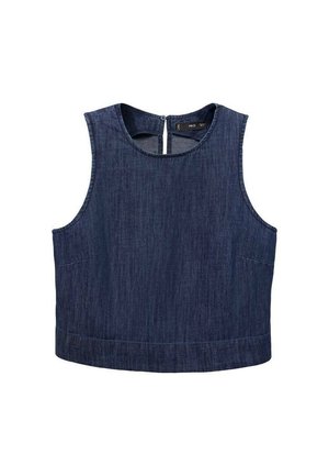 Denim sleeveless top in dark blue with a round neckline, back zipper closure, and two front pockets. Smooth texture and tailored shape.