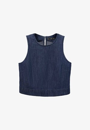 Tamno plava traper bez rukava s okruglim izrezom, zatvaranjem na patentni zatvarač na leđima i dva prednja džepa. Glatka tekstura i krojena forma.