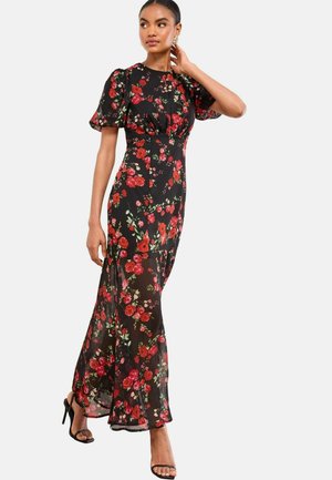 REGULAR FIT FLORAL PRINT SHORT SLEEVE - Maxi šaty - black