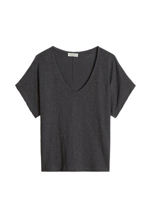 Dark gray short-sleeve V-neck T-shirt with a relaxed fit, made from textured fabric, displayed flat on a white background.