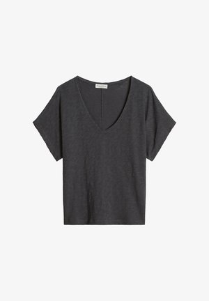 Dark gray short-sleeve V-neck T-shirt with a relaxed fit, made from textured fabric, displayed flat on a white background.