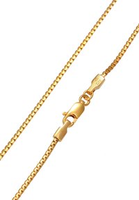 Goldkette mit schlankem, flachem Design, Lobster-Verschluss und gravierter Detailverzierung, die eine glänzend glatte Textur aufweist.