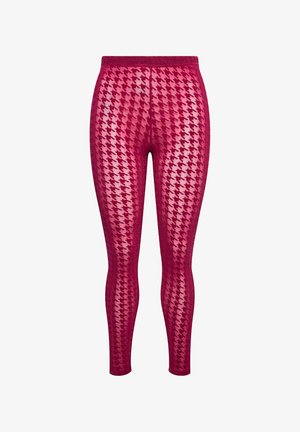 Różowe legginsy z wzorem houndstooth, wykonane z przezroczystego materiału, w dopasowanym kroju i z elastycznym pasem.